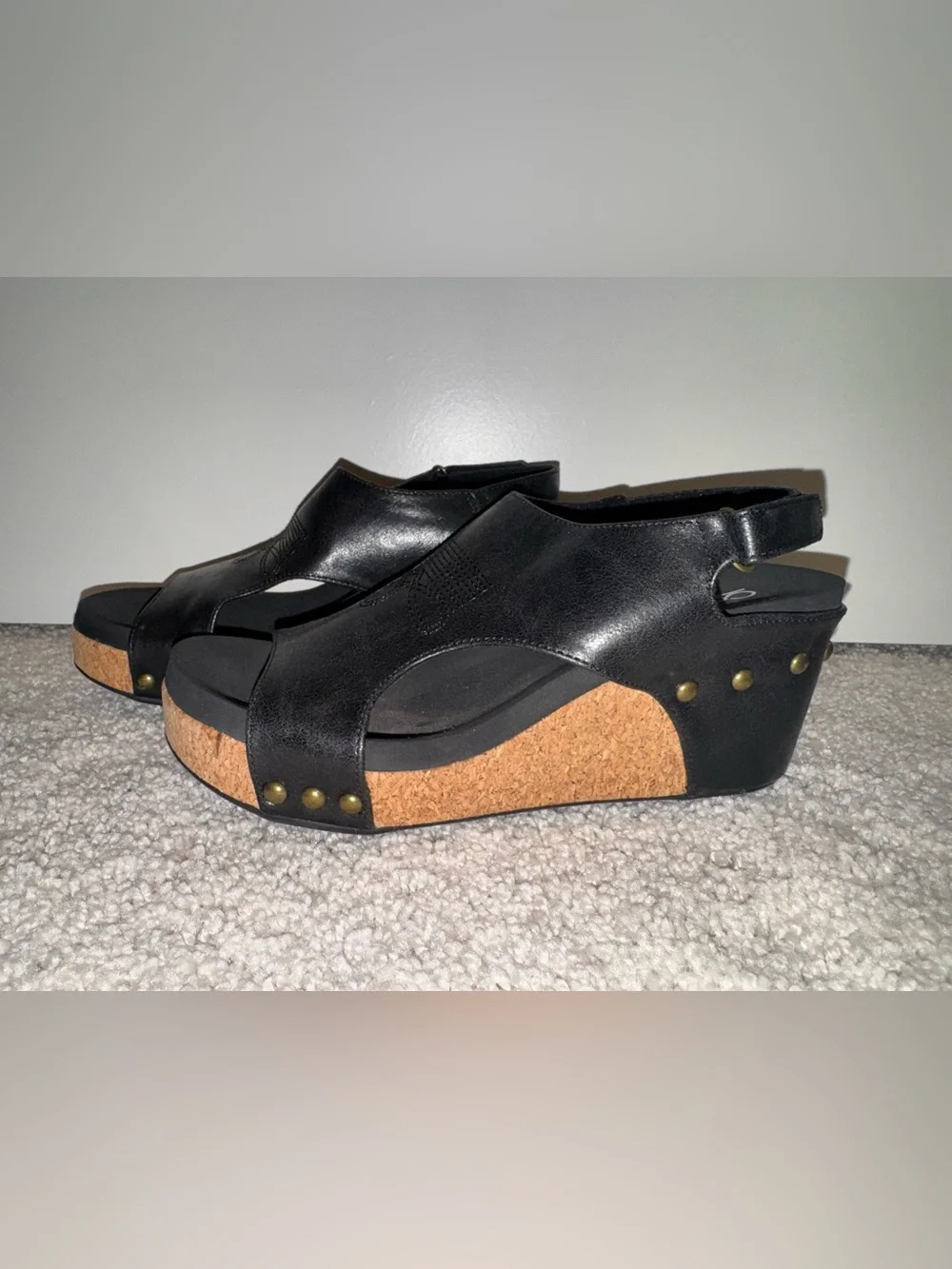 Corkys Black Leather Boot Stitch Cork Wedge Sandals